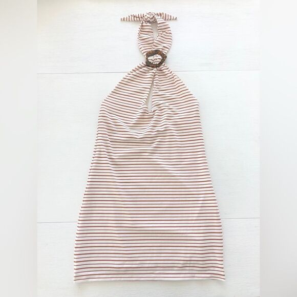 Tularosa Tasya Mini Dress in Bronze Stripe Halter Cut Out Metallic - Picture 3 of 7